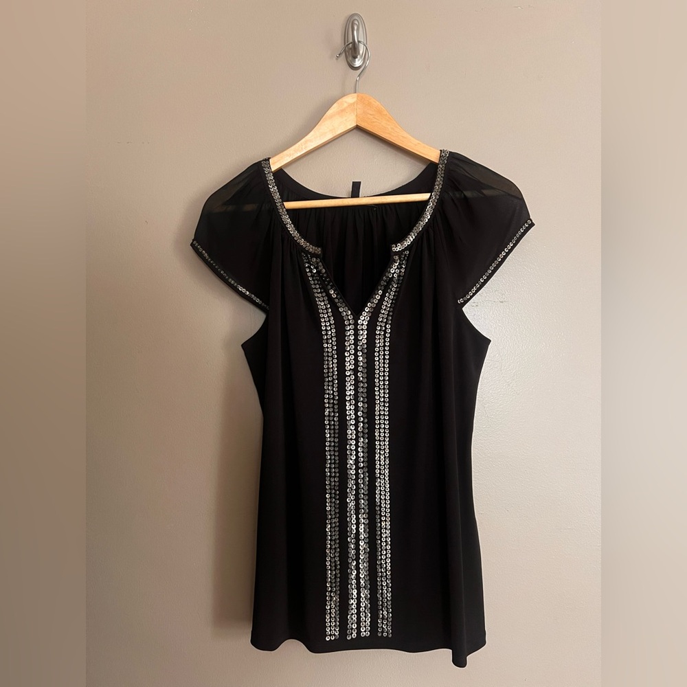 White House Black Market Black Top with Metallic Sequined Accents